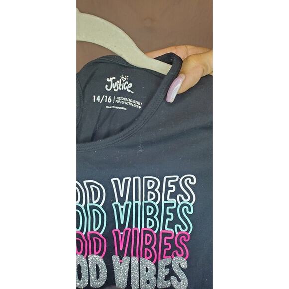 Girls Black Feel Good Vibe Long Sleeve Shirt Top Size 14/16 by Justice - Picture 4 of 4